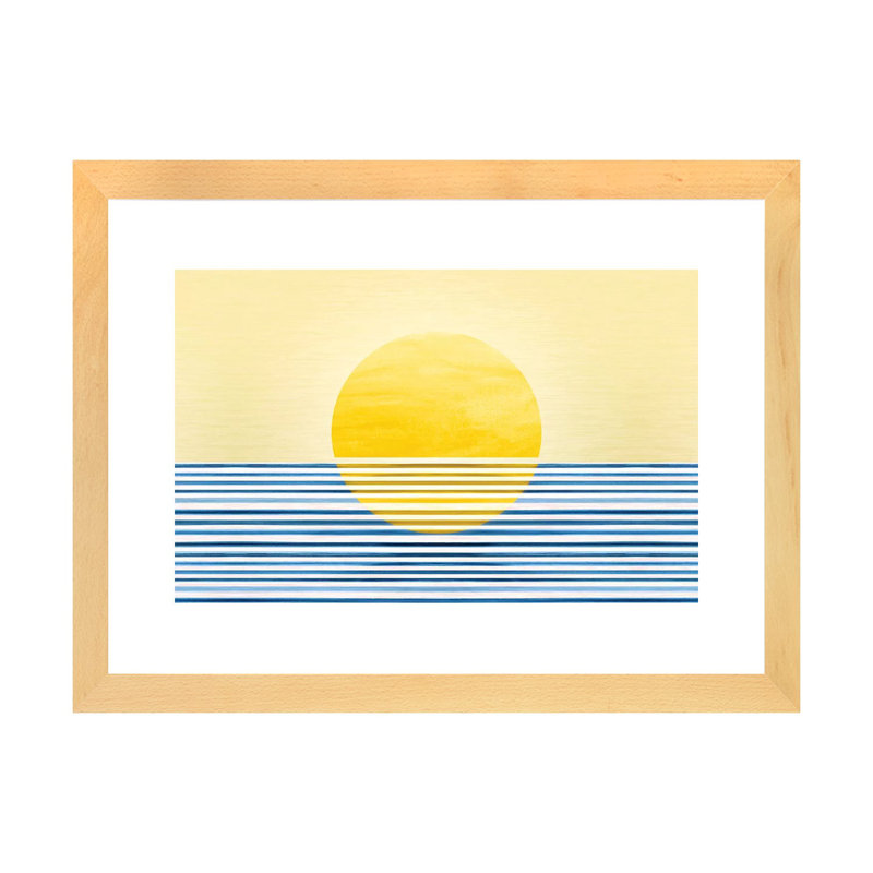 Sunset II-impression d’art graphique abstraite, Blanc, H 24 po x l 32 po x P 1 po, Toile avec cadre en bois beige