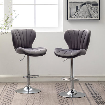 De 2 sièges pivotants rembourrés gris moderne, hauteur de siège réglable, tissu velouté doux, design élégant avec lignes verticales, repose-pieds stable 2 pièces, siège baquet ovale, revêtement, vérin à gaz