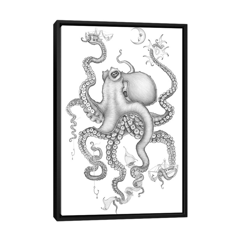 « cephalopod love », reproduction d’art sur toile, 48" H x 32" W x 1.5" D, Toile avec cadre noir, Pas de tapis