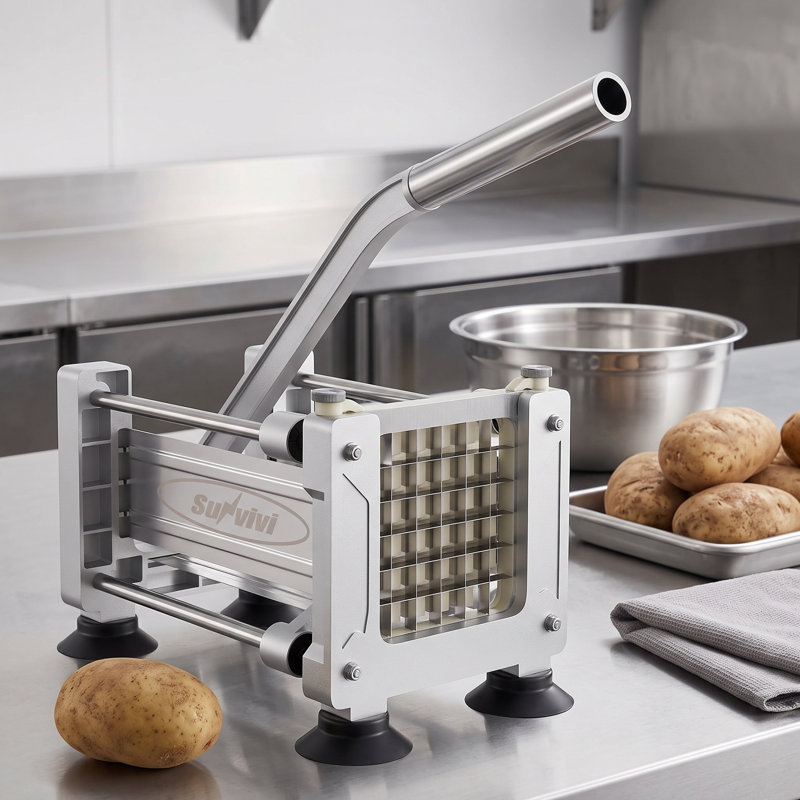 Commercial french fry cutter with 2 replaceable blades (1/2 & 3/8 inch), stainless steel potato slicer for restaurant & home kitchen