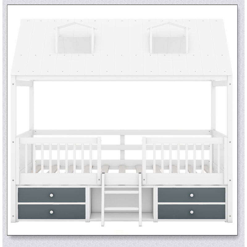 Wood Bed House Bed Frame, White, Full