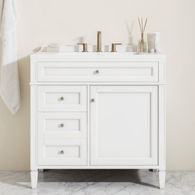 36" Modern White Bathroom Vanity with Ceramic Sink, 2 Drawers & Tip-Out Storage