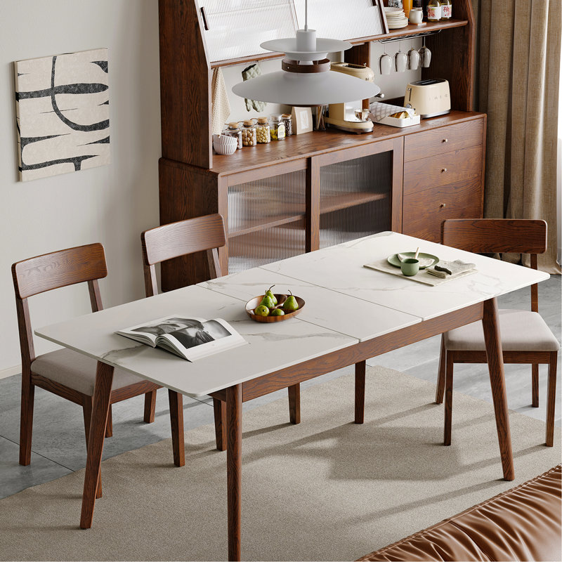 Table de salle à manger en chêne massif avec plateau en ardoise blanche : 1,2 à 1,5 m, pour 6 à 8 personnes, coins arrondis, extensible, finition noyer, plateau en ardoise, design élégant