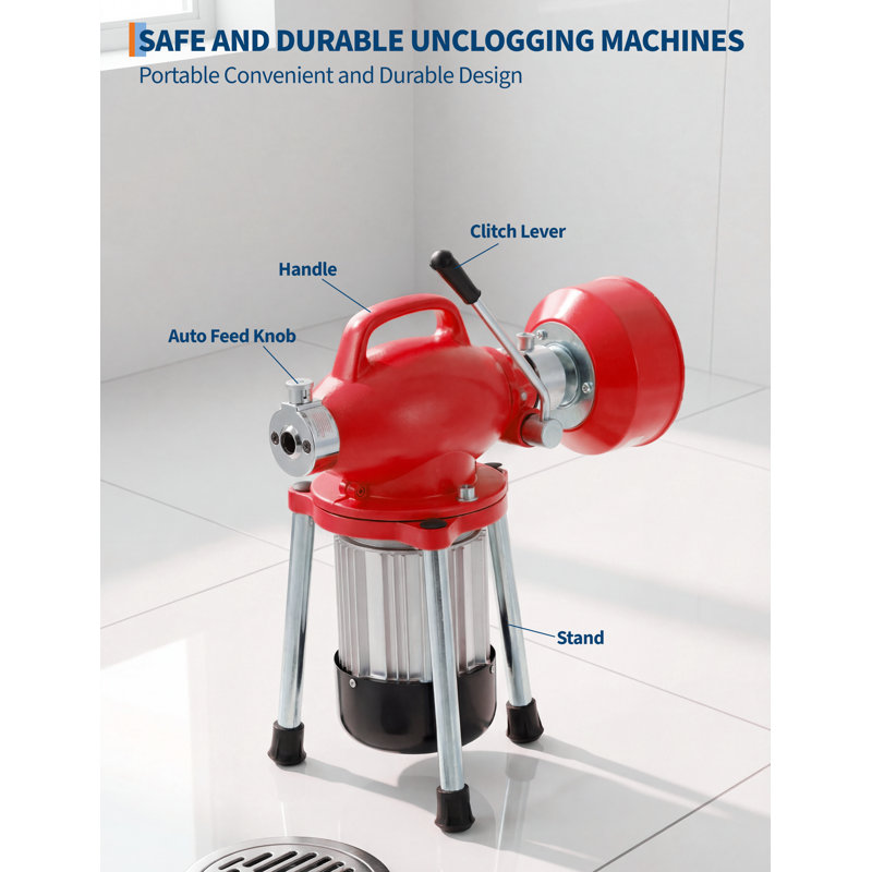 Electric Drain Snake, Auto-Feed Power Drain Cleaner Machine 500w 400RPM with 6' x 5/8" & 16' x 3/8" Steel Cables & 6 Cutters for 3/4" to 4" Pipes, Toilet Sink Bathtub Sewer Line Auger