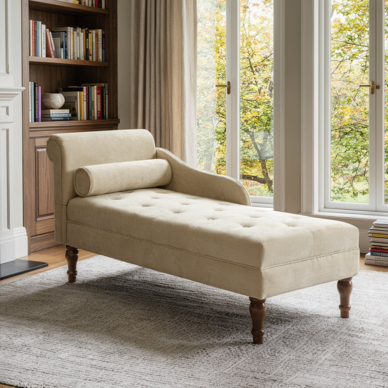 59" Tufted Rolled Arm Chaise Lounge - Beige - Turned Legs, Beige