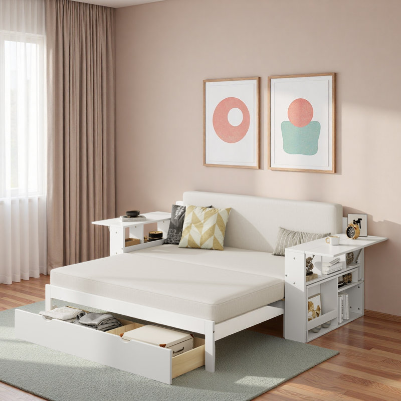 Multifunctional Daybed With Storage Drawer, Open Compartments And Hydraulic Side Table, Full/Double, White