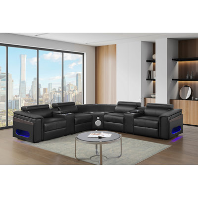 Canapé modulaire de style moderne Nova avec 2 consoles (lampe de lecture + réfrigérateur), coin avec haut-parleur Bluetooth, DEL et armoire à vin relevable - noir