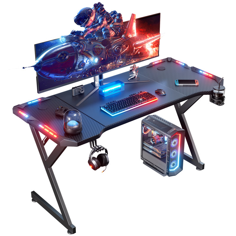 Grell Gaming Desk With LED Lights, 55" Home Office Gamer Desk, Ergonomic Computer Table With Large Carbon Fiber Surface Desktop, Office Workstation With Mouse Pad, Cup Holder & Headphone Hook, Black