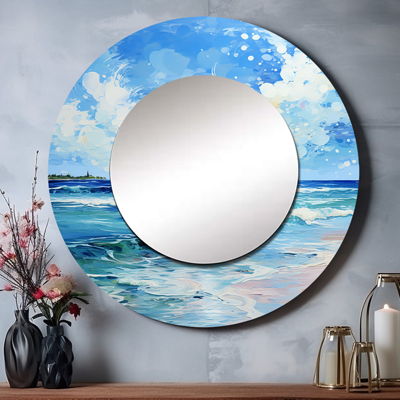 Relaxing Beach Breezes III - miroir de sable de plage, miroir mural rond bleu sarcelle, impression d'art en métal