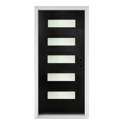36 x 80 Fiberglass Entry Door, Frosted Glass, Black Finished Knock-Down Door, Contemporary Style, Left Hand Inswing, White Vinyl Frame with Brickmould