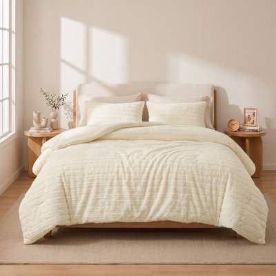 BEDELITE King Faux Fur Comforter Set, Fluffy Bed Set, Cream, with 2 Pillowcases
