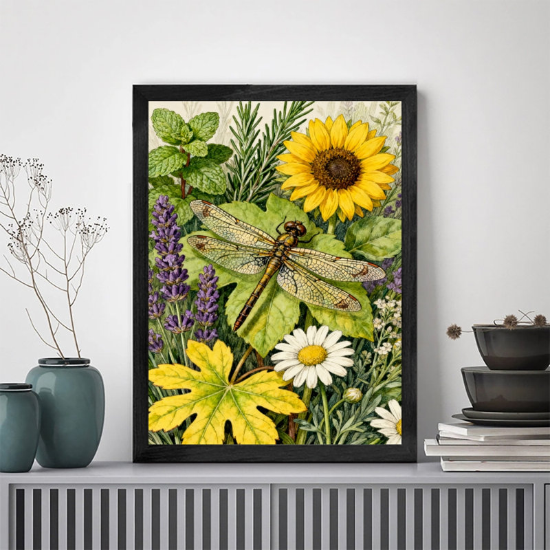 Libellules rétro encadrées noires reposant sur une magnifique verdure florale, impressions murales de style rétro