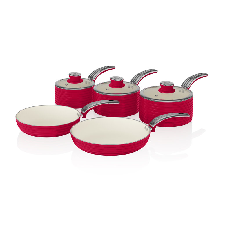 Swan Retro Aluminium Pan Set with Glass Lid, Non-Stick Ceramic Coating, Red