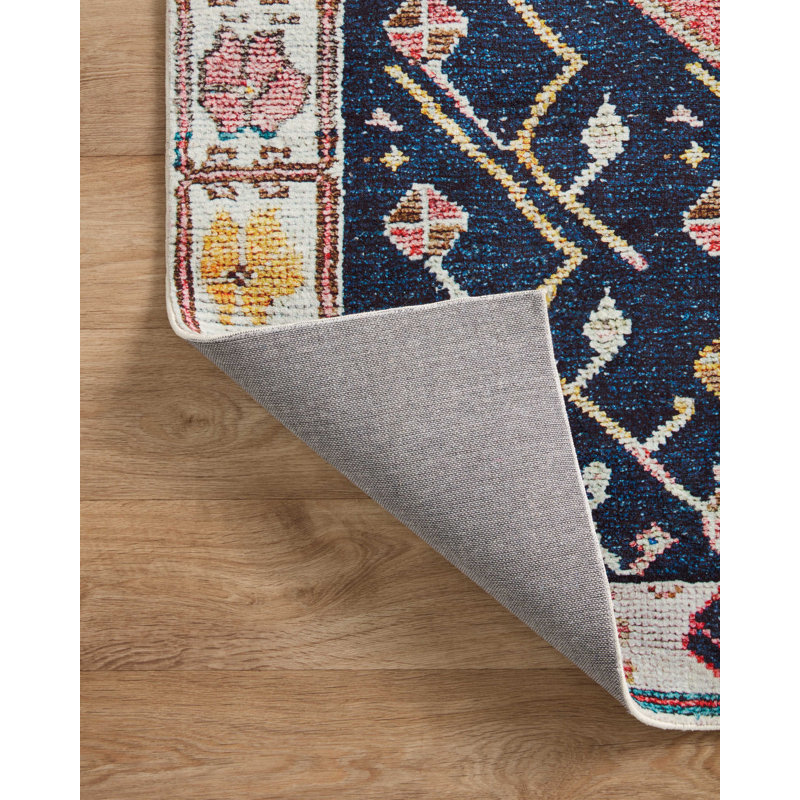 Moroccan Machine Made Power Loom Polyester Area Rug in Rust/Navy, Runner 2'6" x 7'6"