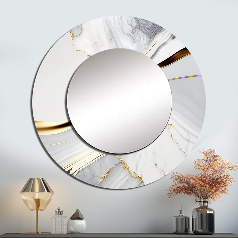 Omelus abstrait Geode Waves Gray IV - miroir abstrait, miroir mural rond gris, impression sur métal, 29 po x 29 po
