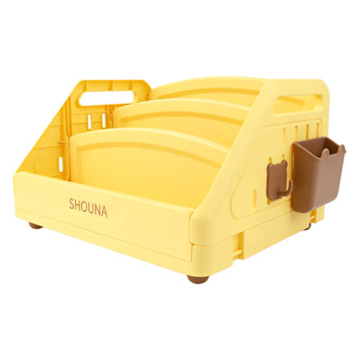Yellow 3-Tier Plastic Desktop Organizer with Foldable Design, Large Capacity – Includes Hanging Basket & Hooks for Books, School Supplies, and Kids’ Storage