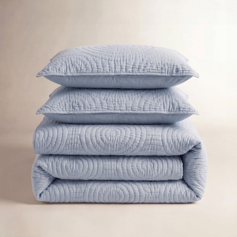 Lenora Cotton Circle Hand Stitch Voile Quilt Set, Queen Quilt + 2 Standard Shams, Blue Geometric