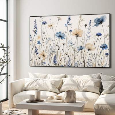 Très grand art mural imprimé sur tissu - Décoration de chambre de ferme de jardin botanique bleu sauvage - "Assemblage requis (cadre non fini)"