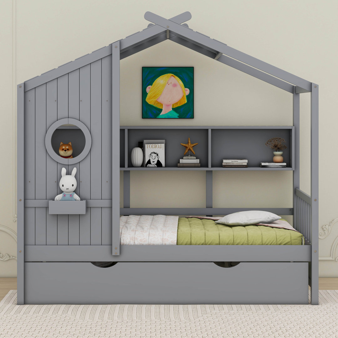Keyanna Wooden House Bed with Trundle and Storage Shelf Red Barrel Studio® 