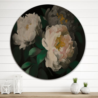 White Blossoming Peony on Black I - Floral Peony Wood Wall Art - Natural Pine Wood