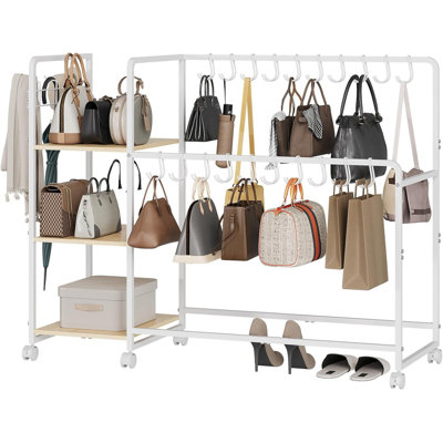 3-Tier Purse Organizer Rack for Closet – 20 Hangers, 3 Hooks, Wheels, Wood Handbag Stand for Bedroom