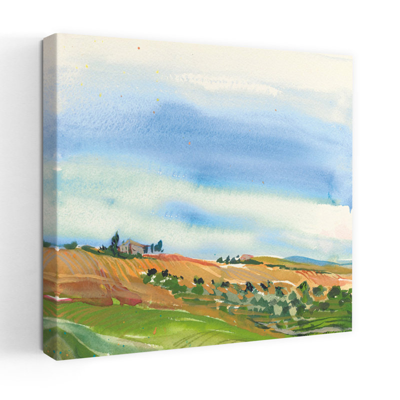 Art contemporain de champs toscans avec des champs bleus, H 24 po x l 24 po