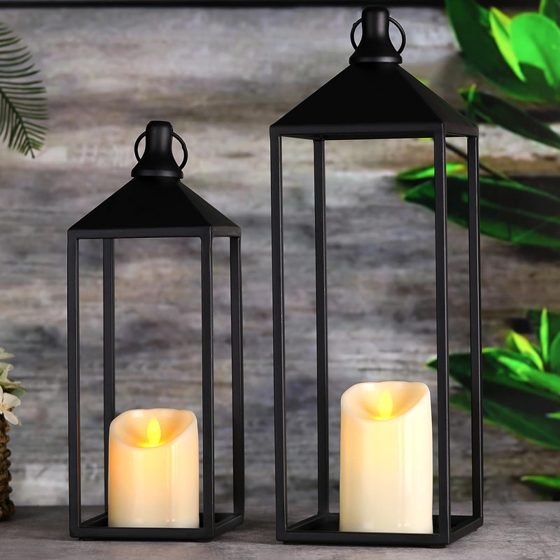 Lanterns Decorative Outdoor Indoor, Set Of 2 Black Vintage Lantern With LED Pillar Candle, Modern Farmhouse Lantern Decor For Room, Christmas Lanterns Decorative For Porch, Garden