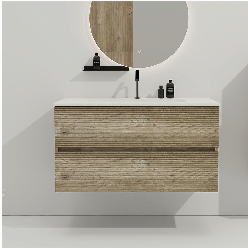 Meuble-lavabo mural en chêne brut et chêne brut 36 po avec évier intégré en céramique avec trop-plein Gloria, 36", Chêne