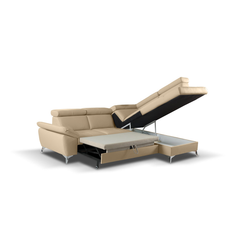 Niagara Genuine Leather Sleeper Corner Sofa with Storage, Adjustable Headrests & Adjustable Armrest, Right Hand Facing, Beige