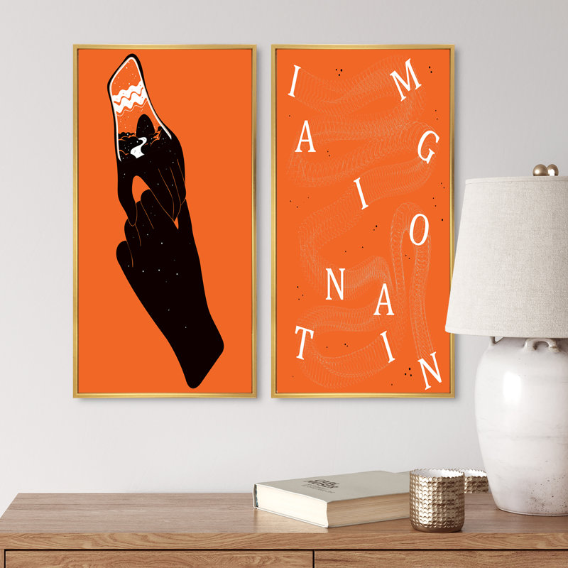 " Imagination Vintage Retro Orange Designs I " 2 - Pieces Painting Print, 32" H x 32" W x 1" D, Gold Framed Canvas