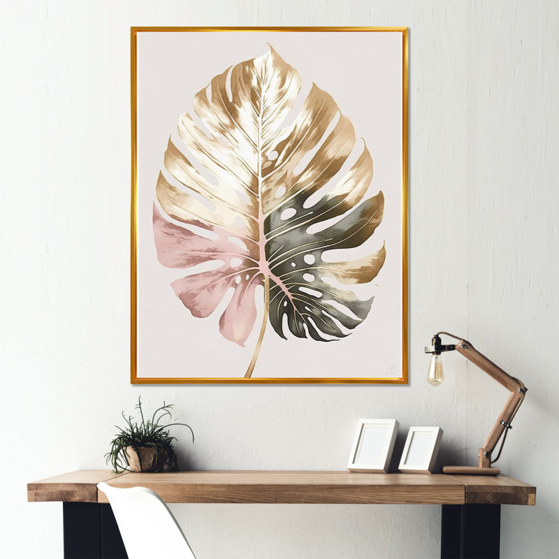 Feuille de philodendron doré et blanc II - reproduction sur toile, H 32 po x l 16 po x P 1 po, Toile avec cadre flottant or