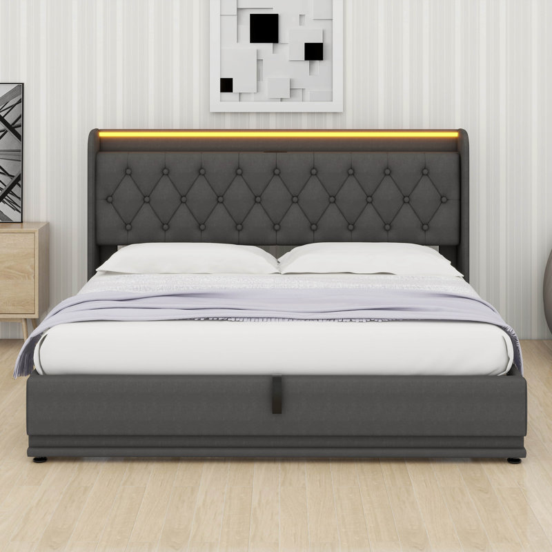 Très grand lit escamotable avec tête de lit, cadre de lit intelligent et cadre de lit à DEL avec port USB, tête de lit tapissier