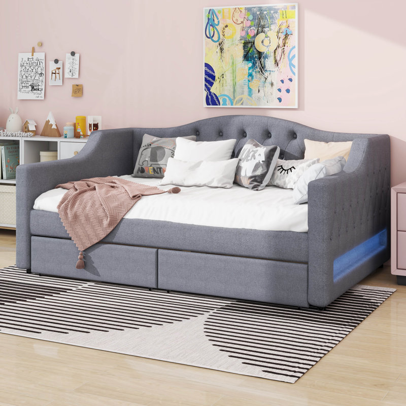 Daybed With two storage drawers And LED, Upholstered Linen Day Bed Frame With Tufted Button Backrest, Gray, Twin XL