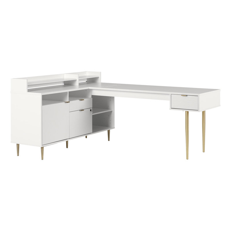 White L-Shaped Corner Desk with Hutch and Brass Legs