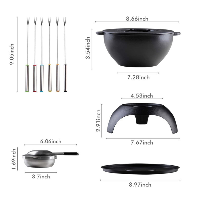 Black Cast Iron Fondue Pot with 6 Colored Forks