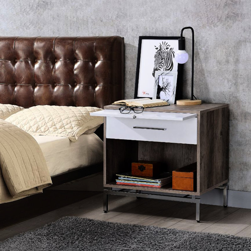 Table de chevet de chambre à coucher avec 1 tiroir et compartiment ouvert, chêne gris vieilli blanc, espace de formation à base en métal, finition blanche,