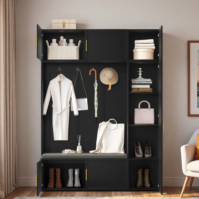 4-in-1 Hall Tree With Padded Bench, 4 Hooks And Multi-tier Storage Shelves, Black