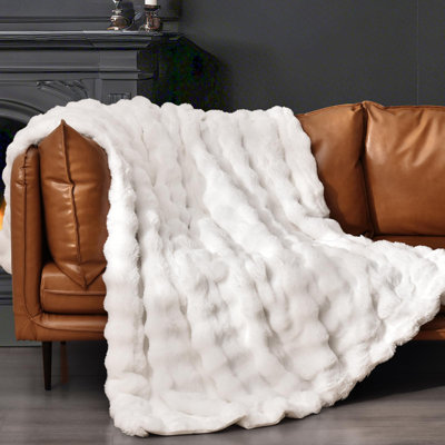 PHF Luxury Faux Rabbit Fur Blanket, Ultra Soft Fluffy Plush Cozy Warm Bubble Blanket for Bed, Couch, Chair, Sofa Decorative, Thick Reversible Suitable for Fall & Winter
