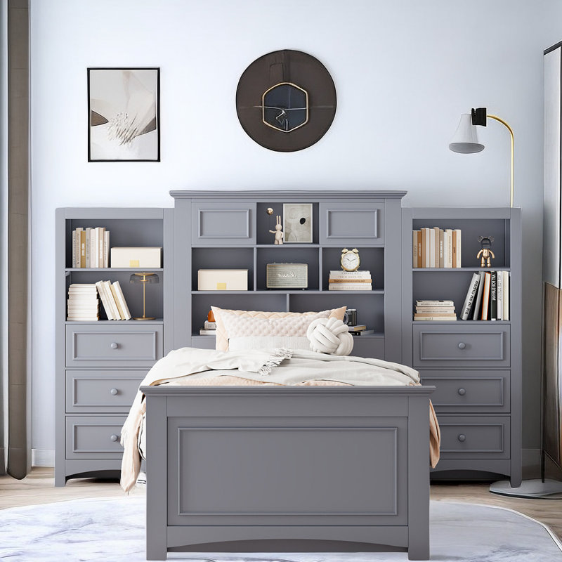 Stearns 14 Drawers Platform Standard Bed with Bookcase Storage Headboard, Gray