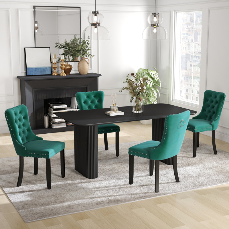 Ensemble de salle à manger rectangulaire à double piédestal avec table de salle à manger de style crème, 5, Vert
