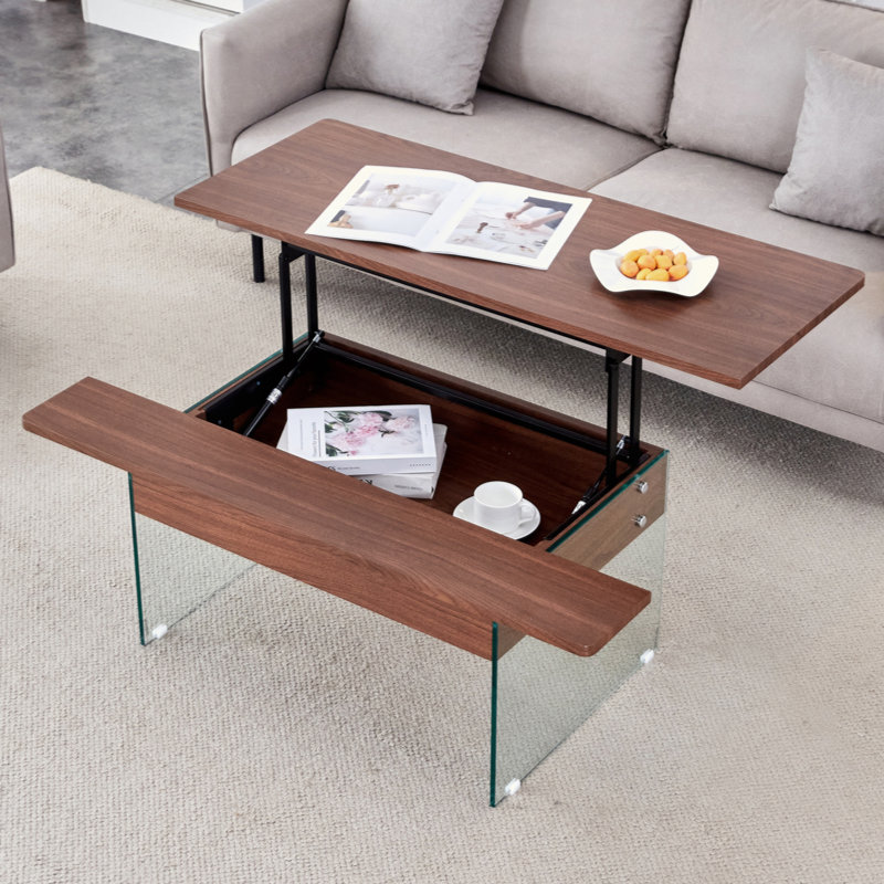 Table basse polyvalente à plateau relevable avec rangement dissimulé pour les espaces de vie et de bureau, Brun