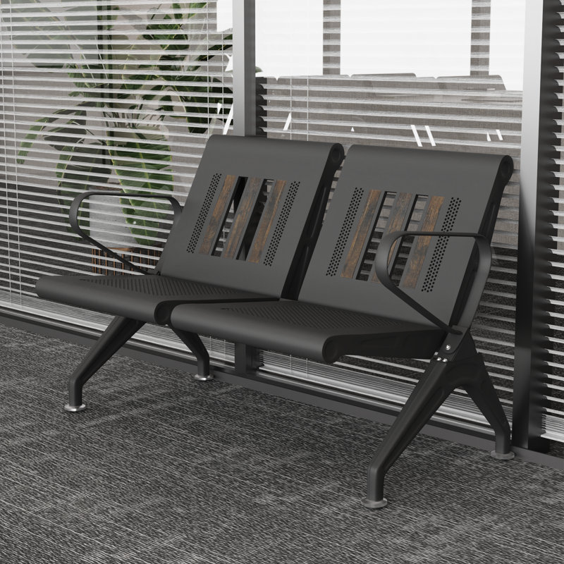 Banc de salle d'attente commercial pour 2 personnes, banc de réception en métal noir mat avec incrustation de bois, fauteuil de couloir stable antidérapant avec accoudoir pour le bureau