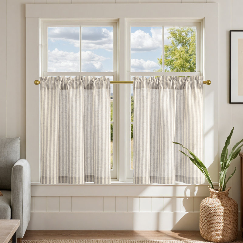 Linen Rod Pocket  Light Filtering Striped Kitchen Cafe Curtains Curtains, 26" W x 24" L, Gray/Beige