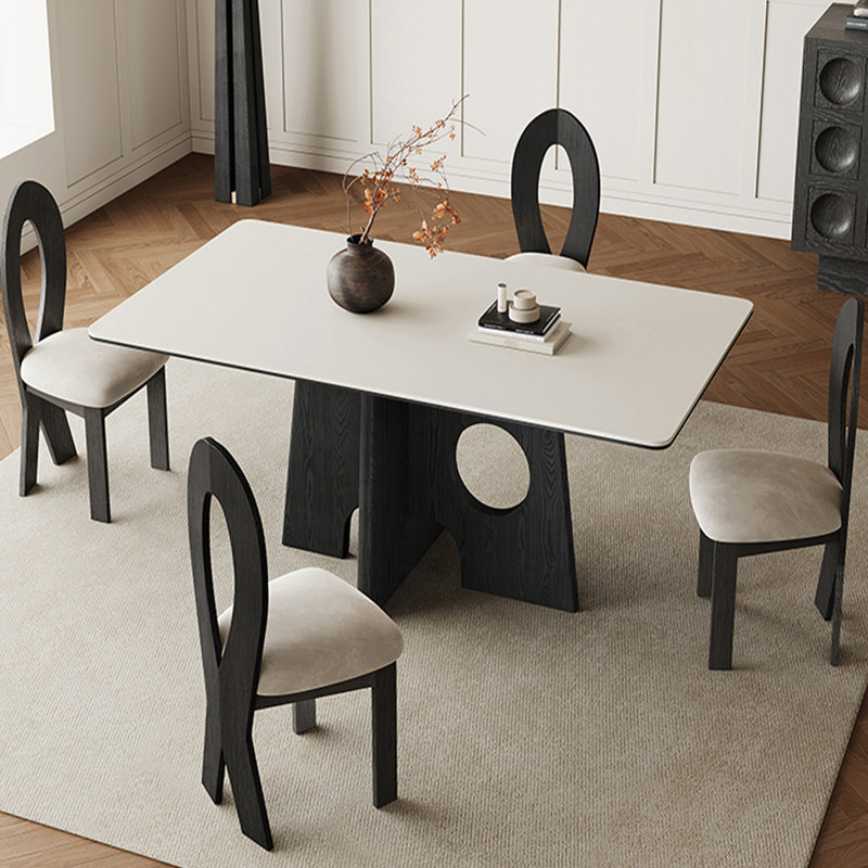 French Retro Light Luxury Rectangular Dining Table Pedestal Dining Set, 5 Piece Dining Set
