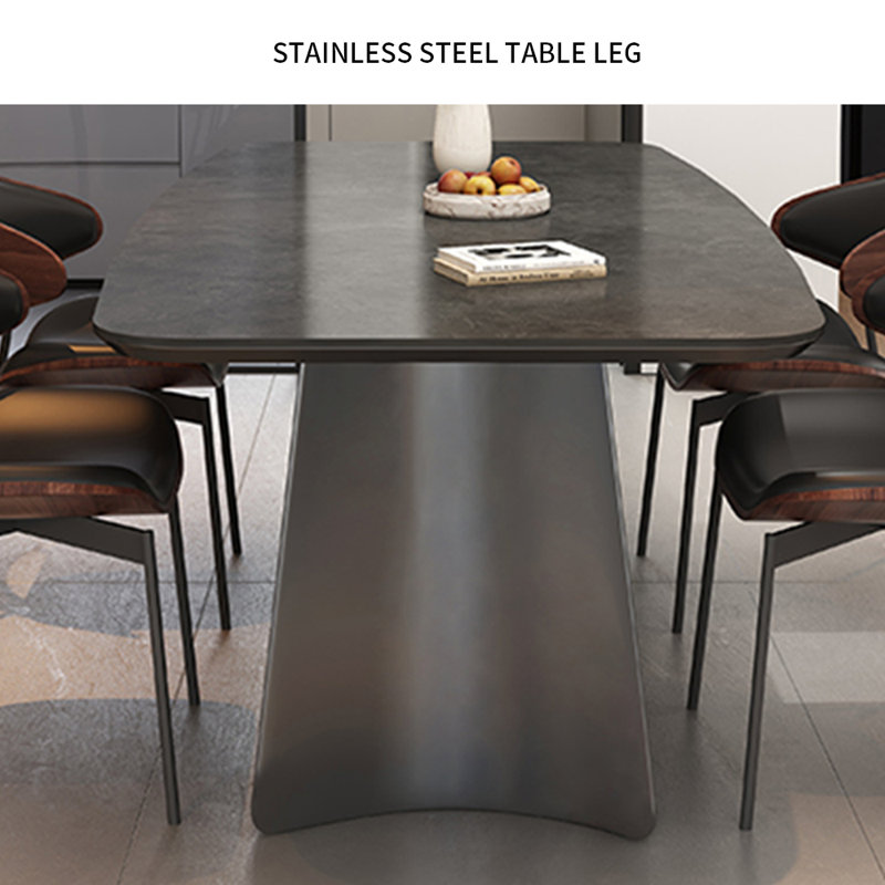 Modern Rectangular Rock Slab Dining Table Chair 6 - Person Double Pedestal Dining Set, 29.5"H x 78.7"L x 31.4"W