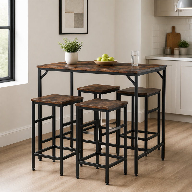 Ensemble de table de bar industriel 5 pièces avec table rectangulaire et 4 tabourets sans accoudoirs. Panneaux de particules au fini mélaminé, structure en acier. Conception compacte et pliable, idéale pour les cuisines et les petits espaces.