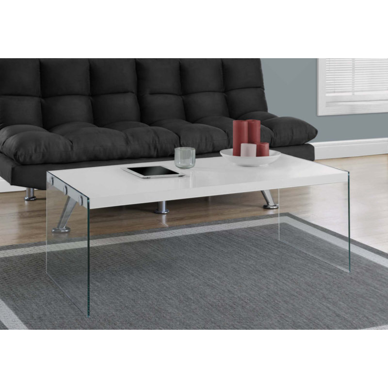 Table basse Hulo, panneaux latéraux en verre transparent, plateau en bois gris de 44 po, Bois blanc
