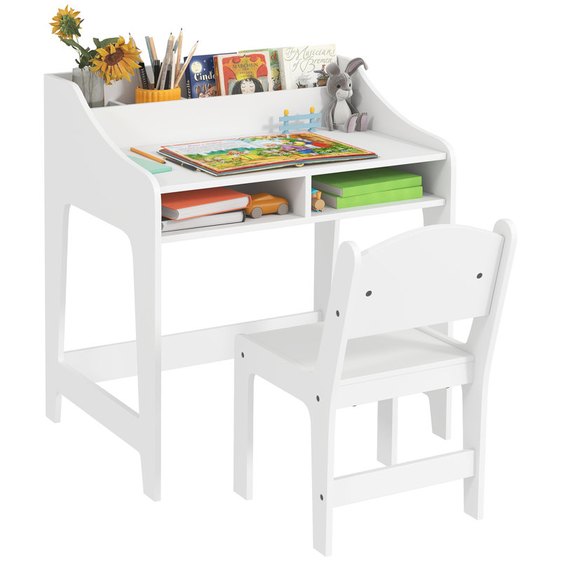 Ensemble de bureau et de chaise pour enfants, table d'étude avec tablettes de rangement, blanc
