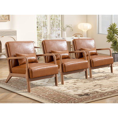 Lyon 25.78" Wide Mid Century Faux Leather Accent Chair with an Extra Pillow(Set of 3)