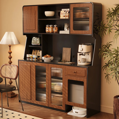 Buffet noisette + bois manufacturé noir + verre